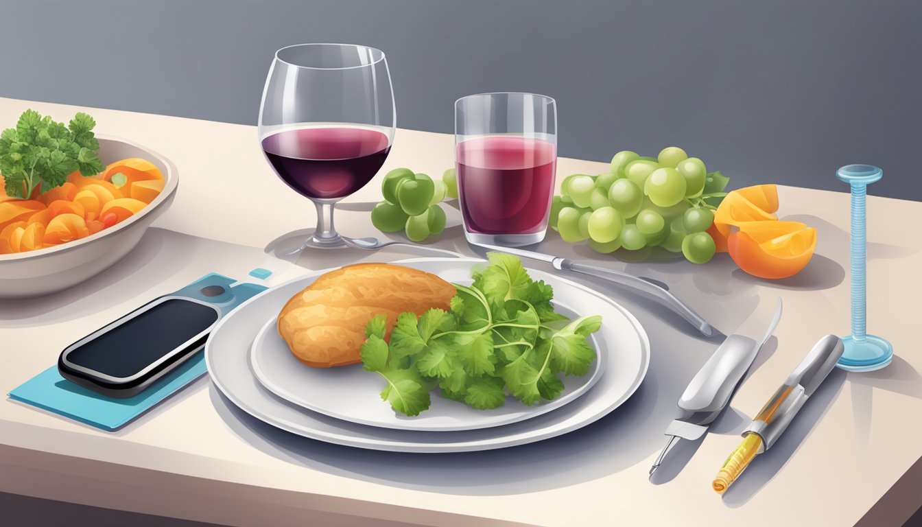 A table set with a glass of non-alcoholic wine, a plate of healthy food, and a diabetes monitoring kit