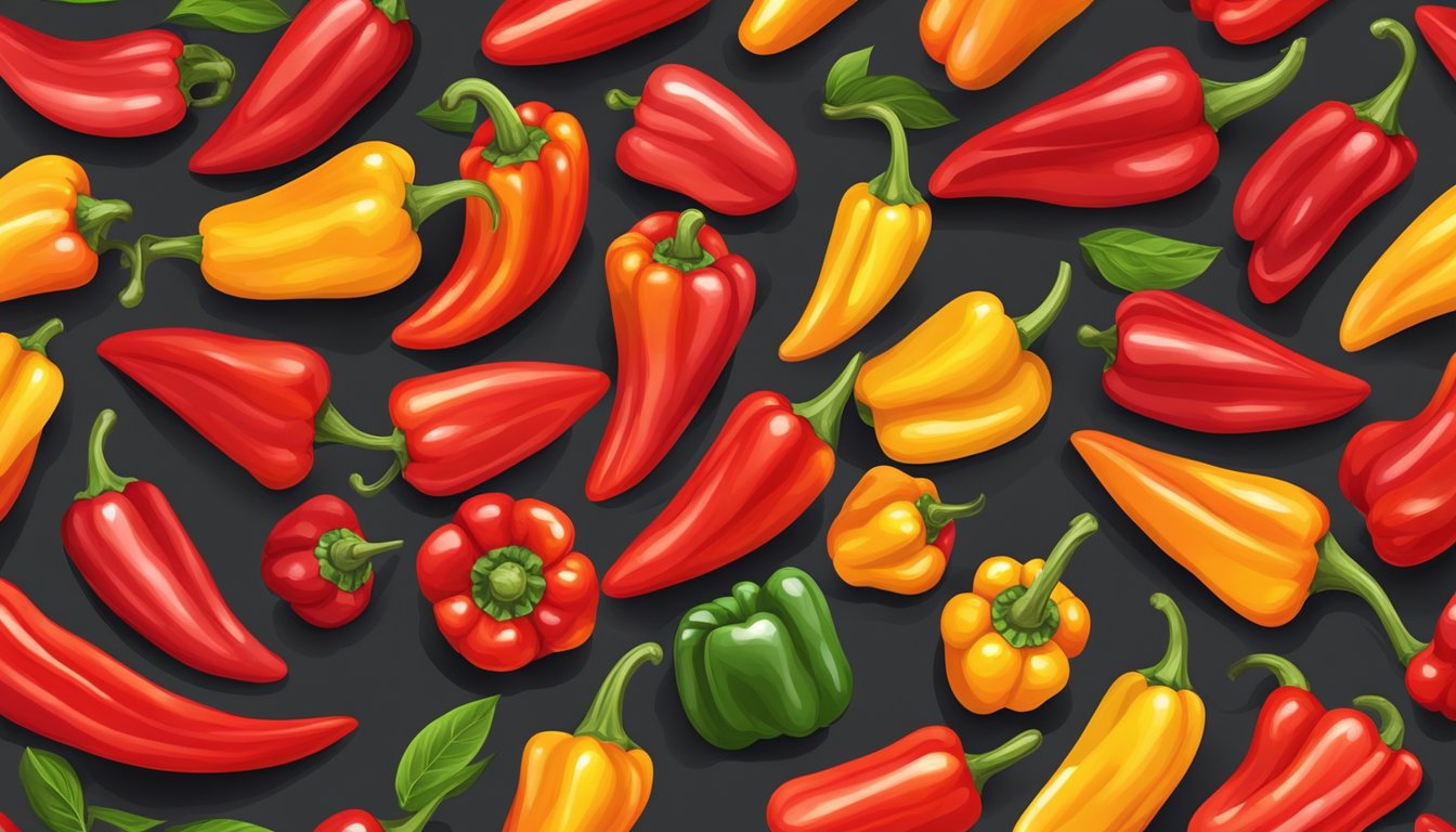 A colorful array of fresh red peppers, with their vibrant hue and glossy skin, arranged on a wooden cutting board