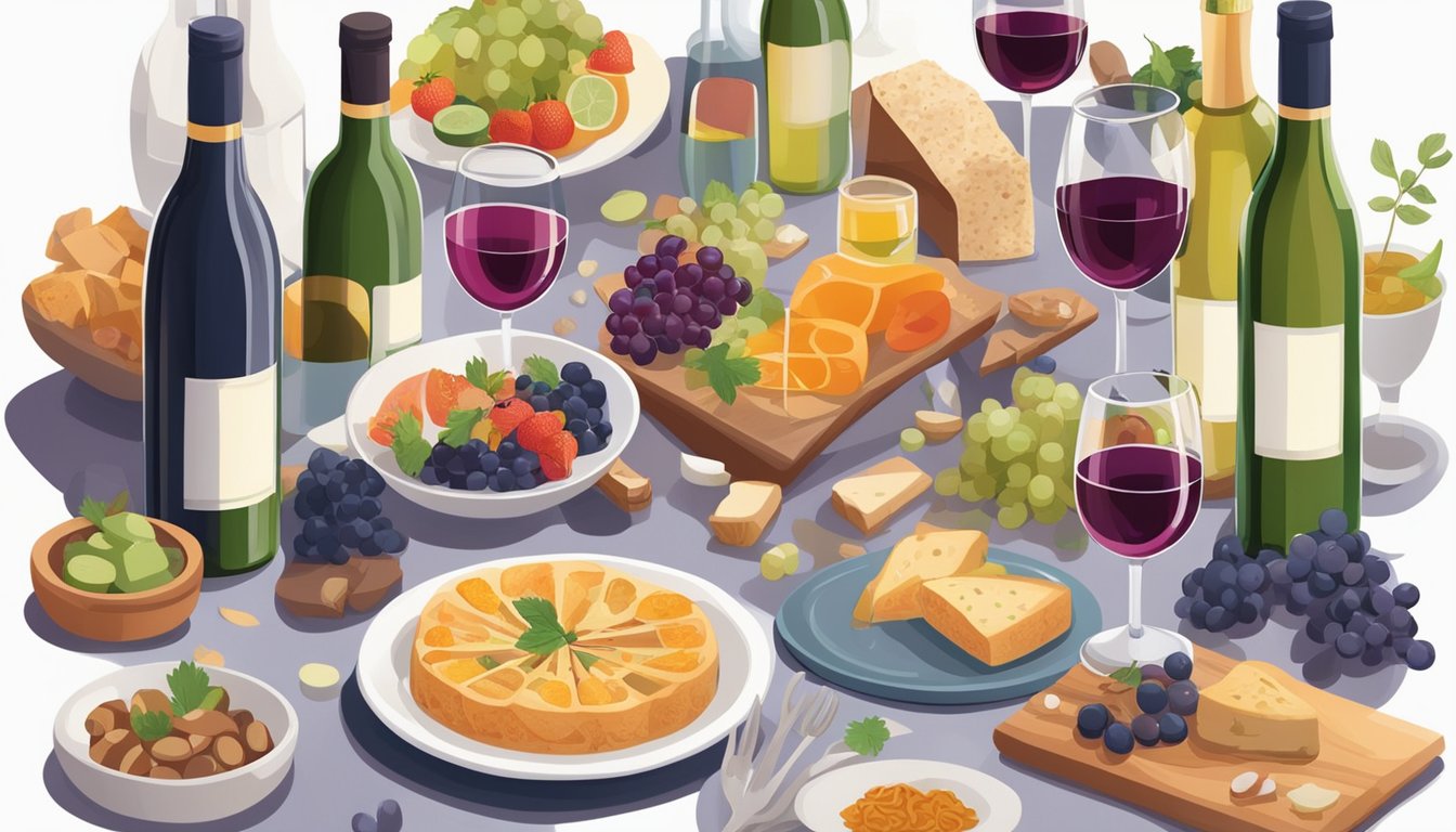 A table set with a variety of non-alcoholic wines, surrounded by a selection of diabetic-friendly foods and a person holding a wine glass with a non-alcoholic option