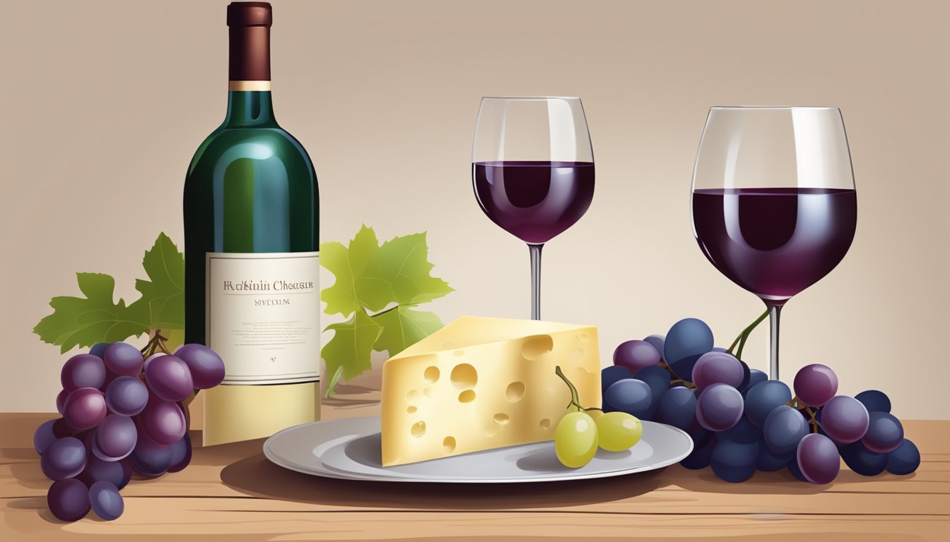 A bottle of non-alcoholic wine on a table with a wine glass and a plate of cheese and grapes