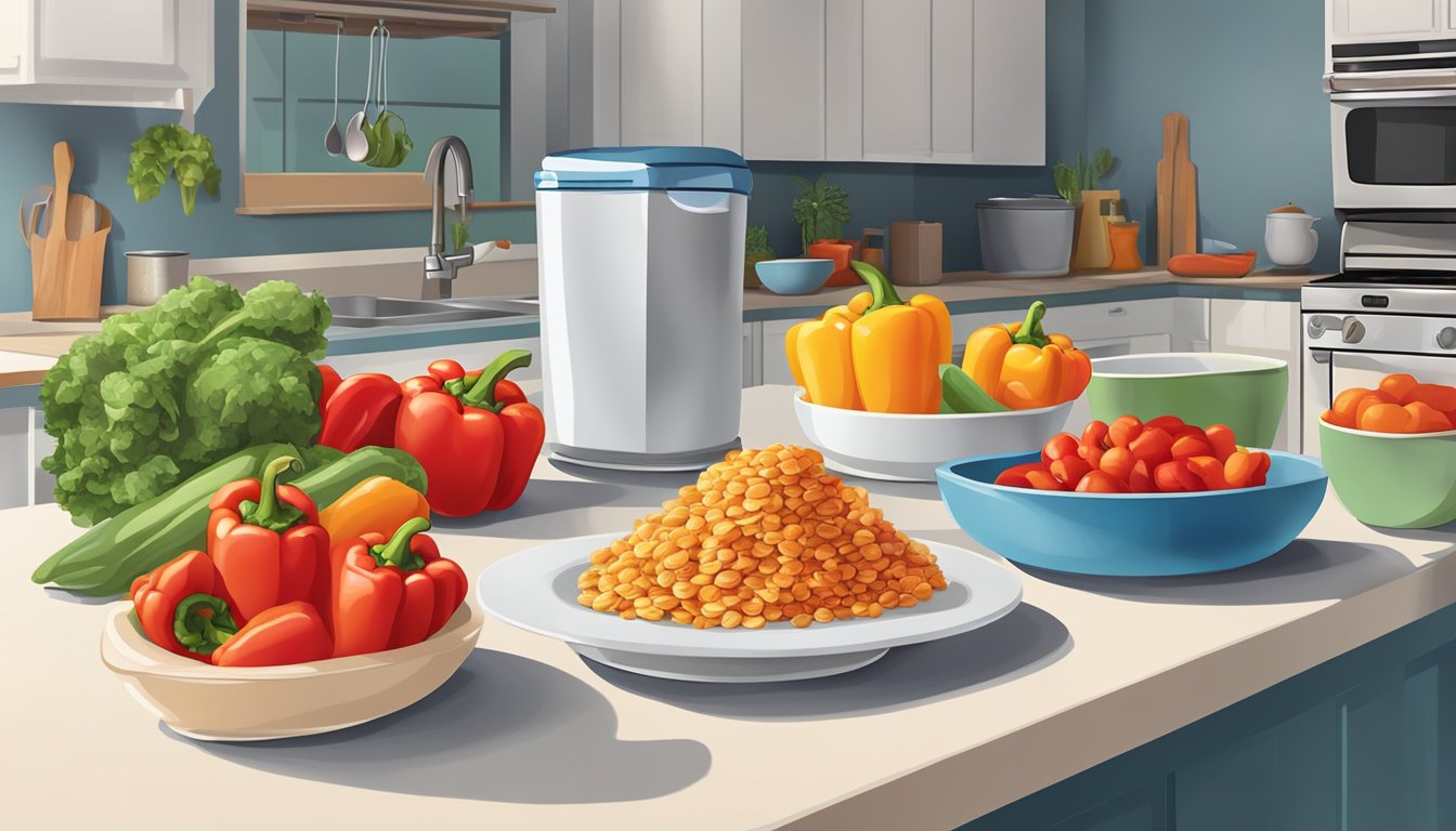 A colorful array of diabetes-friendly foods, including vibrant red peppers, displayed on a kitchen counter