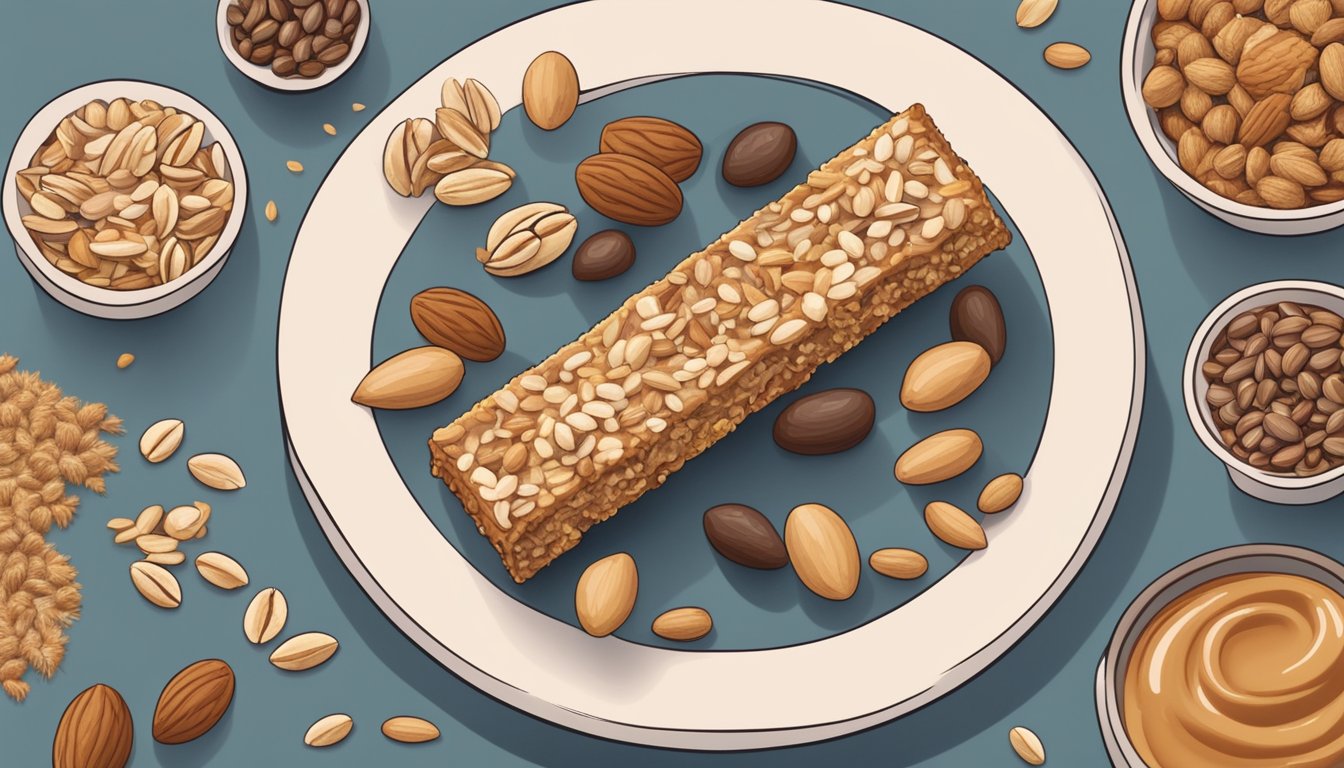 A person holding a granola bar with a peanut butter and oat mixture, surrounded by various nuts and seeds