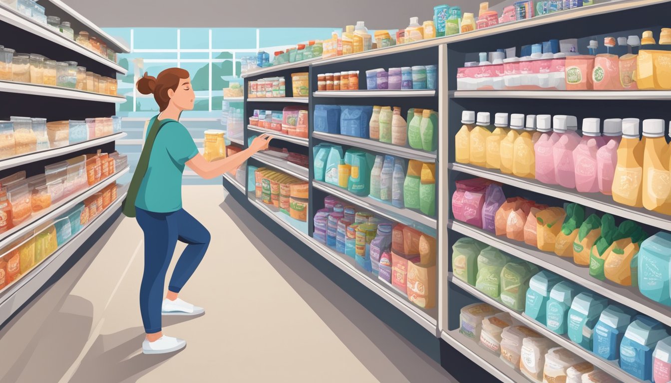 A person with diabetes reaching for a non-dairy whipped topping in a grocery store, surrounded by various options on the shelves