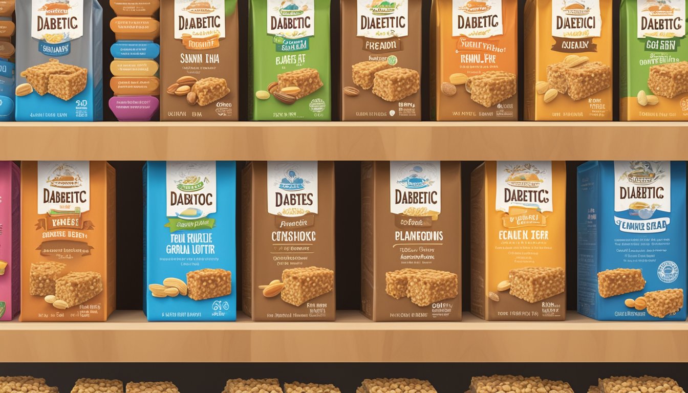 A variety of peanut butter granola bars displayed on a shelf with a "Diabetic Snack Options" sign above