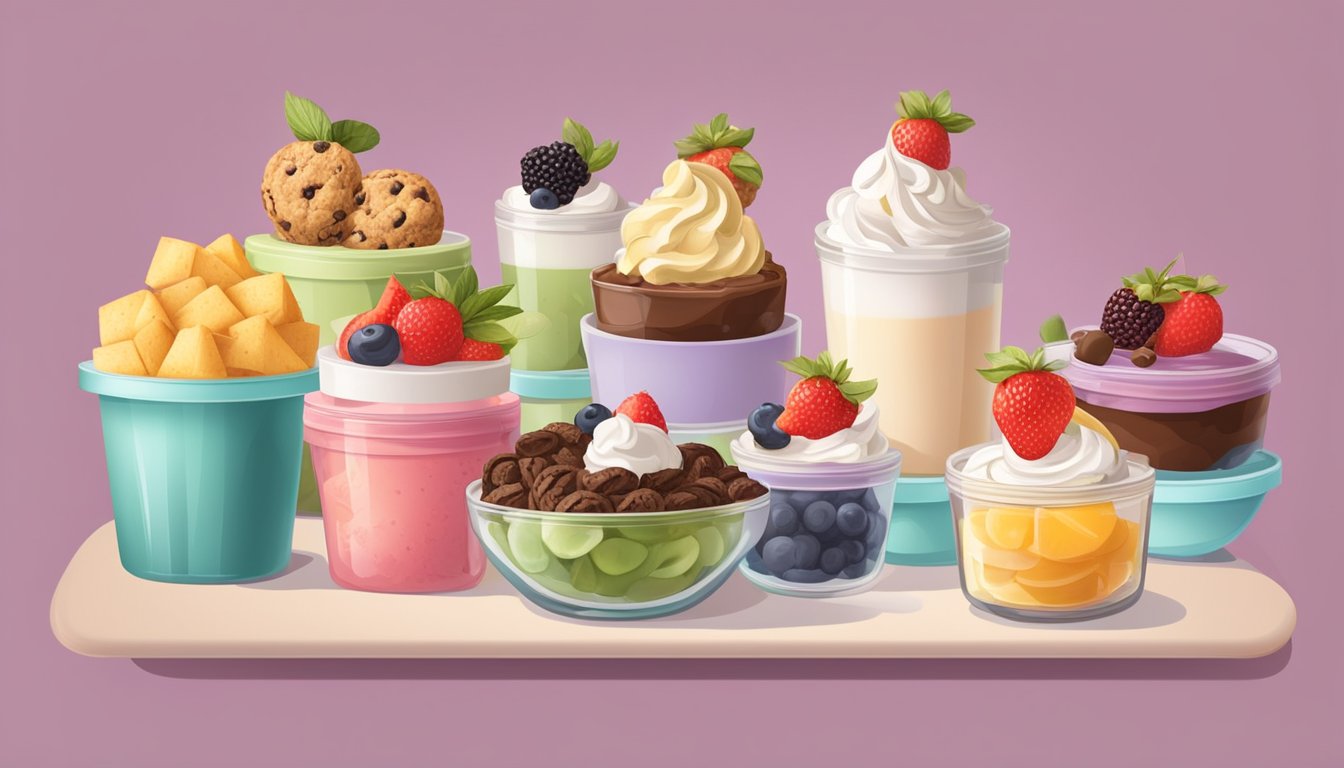 A table with various non-dairy whipped toppings in different containers, surrounded by alternative dessert options like fruit and cookies