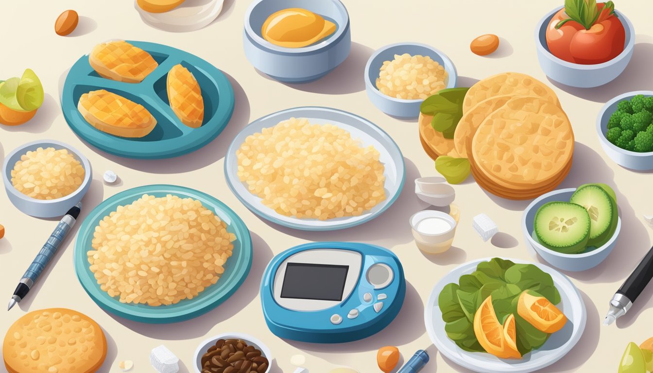 A table set with a variety of diabetic-friendly foods, including rice cakes, alongside a glucose meter and insulin pen