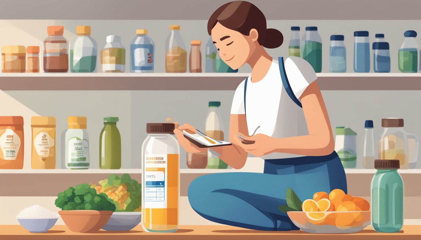 A person with diabetes holding a bottle of rice syrup while reading a nutrition label. A glucose meter and healthy food items are nearby