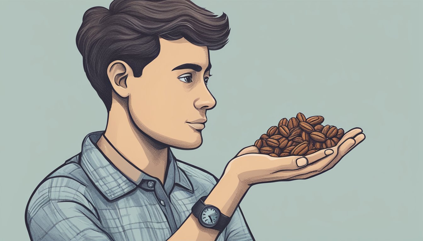 A person with diabetes holding a handful of pecans, with a question mark above their head