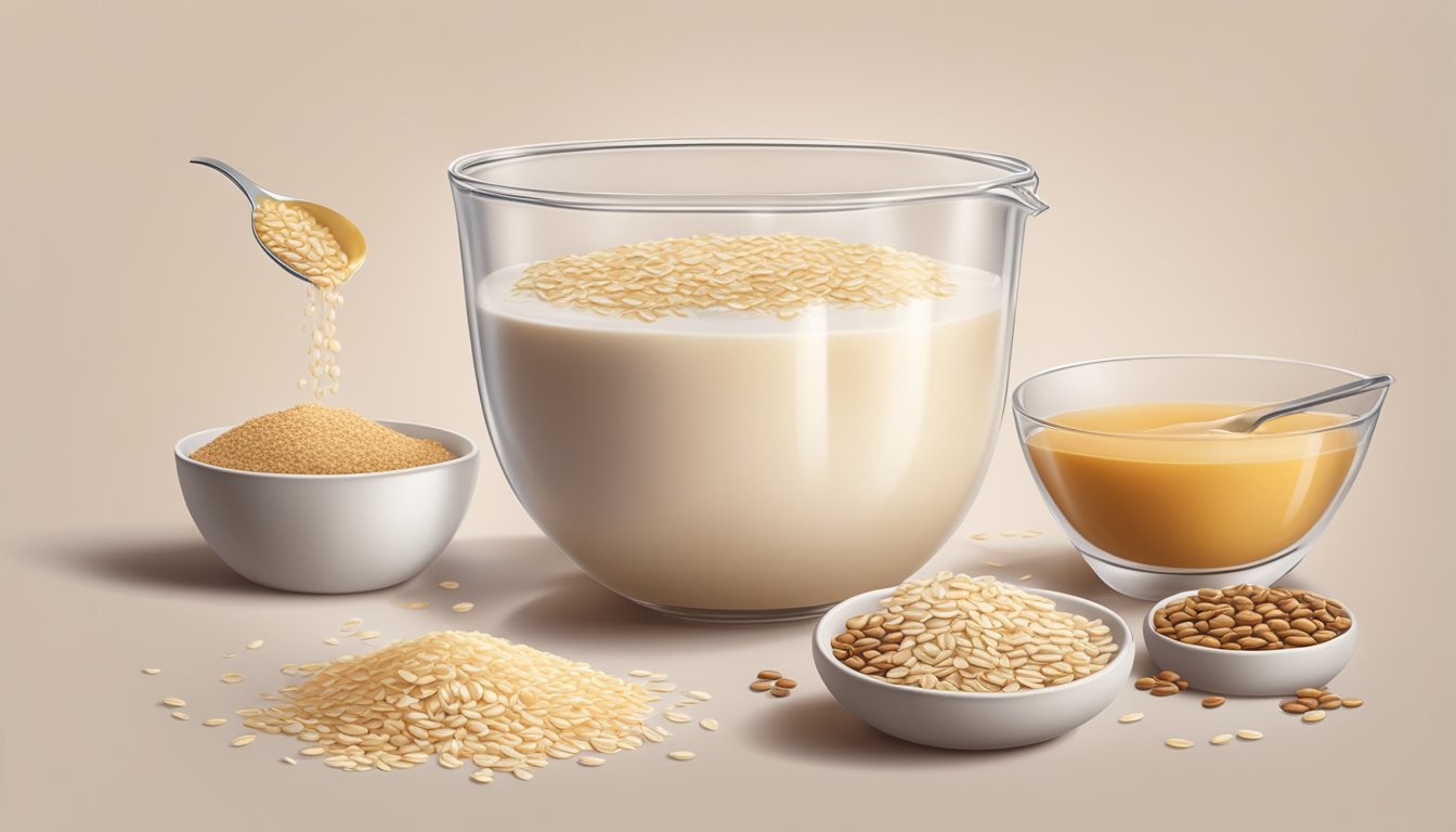 A dietician pouring oat milk into a glass next to a bowl of oats and a variety of alternative sweeteners and flavorings