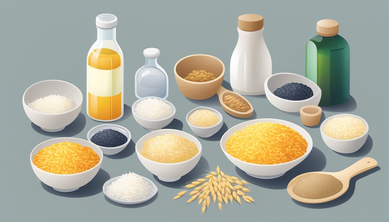 A variety of rice grains arranged with a bottle of rice syrup, a glucose meter, and a diabetic-friendly food guide