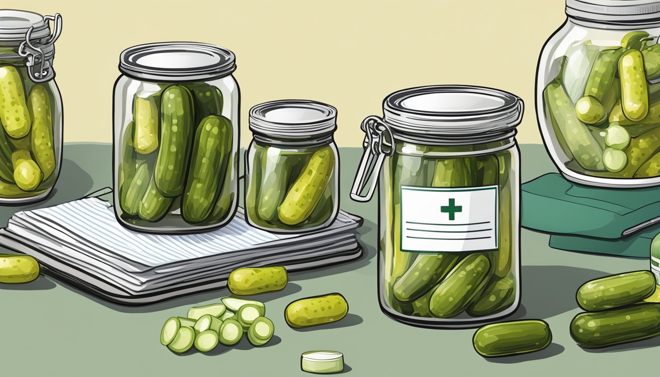 A jar of pickles surrounded by medical equipment and a nutrition label, with a question mark hovering over it