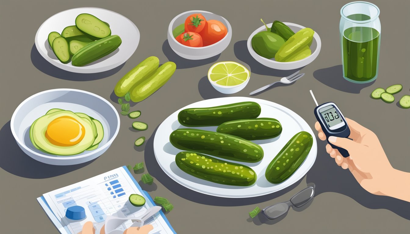 A person with diabetes enjoying a plate of fresh pickles alongside a balanced meal and a glucometer on the table