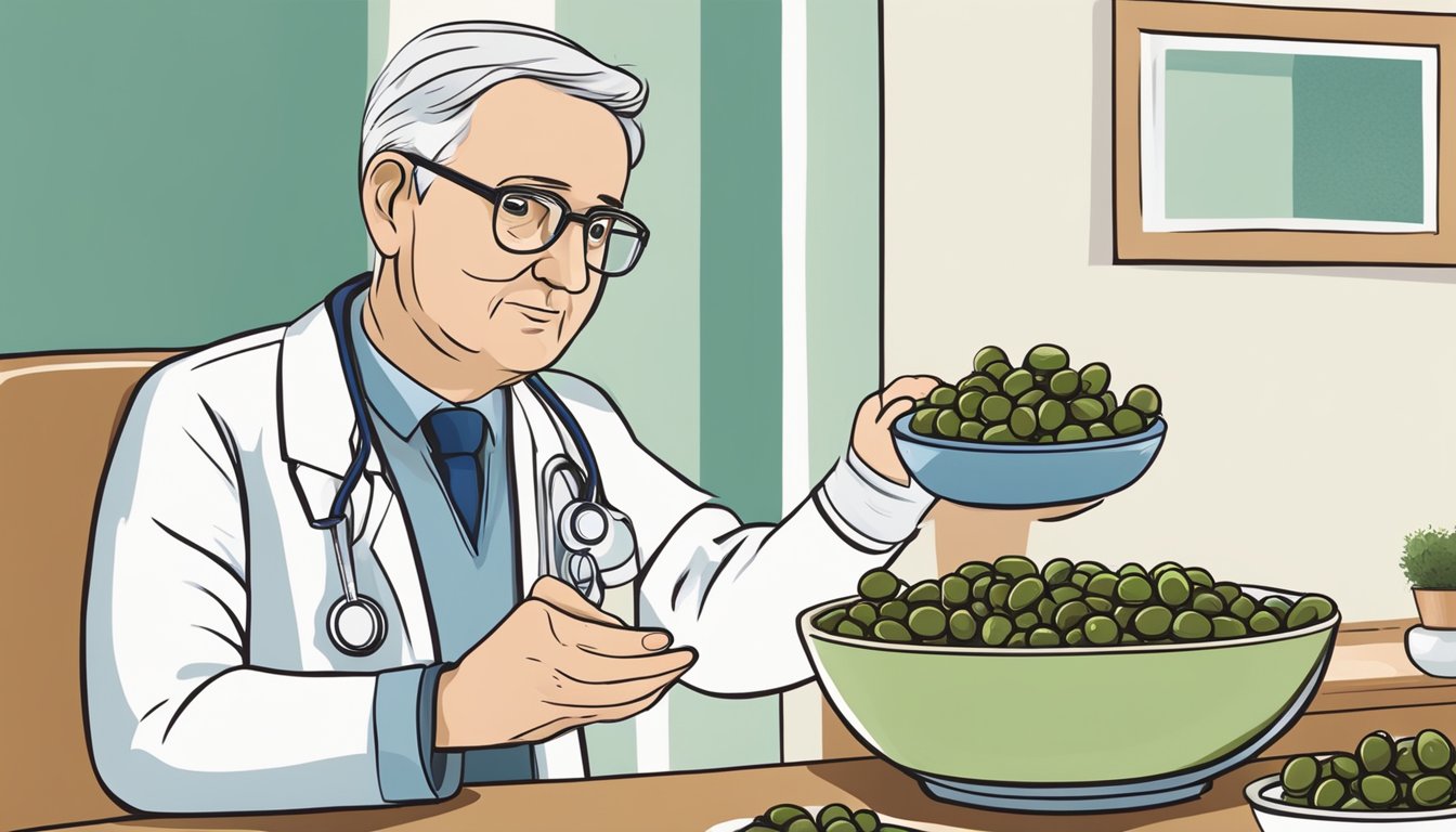 A person with diabetes holding a bowl of olives, with a doctor nodding in approval