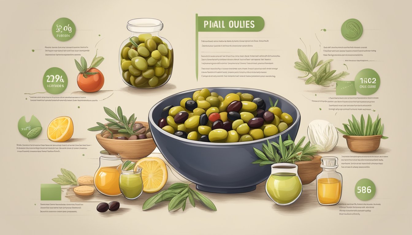 A bowl of olives surrounded by various nutrient-rich foods, with a diabetes-friendly label