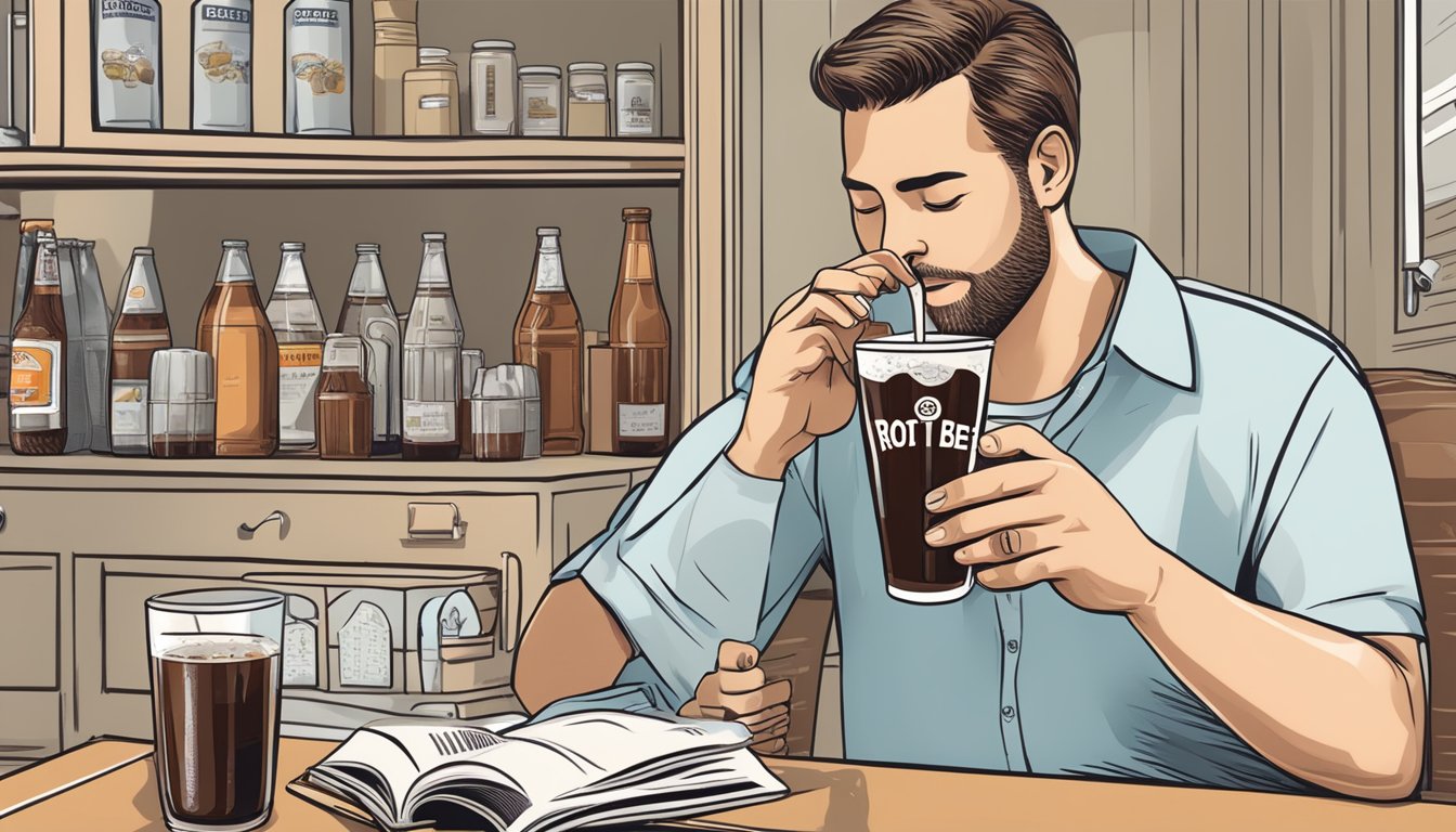 A person with diabetes drinking a sugar-free root beer while reading a nutrition label