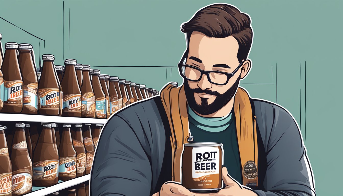 A person holding a can of root beer while reading a nutrition label