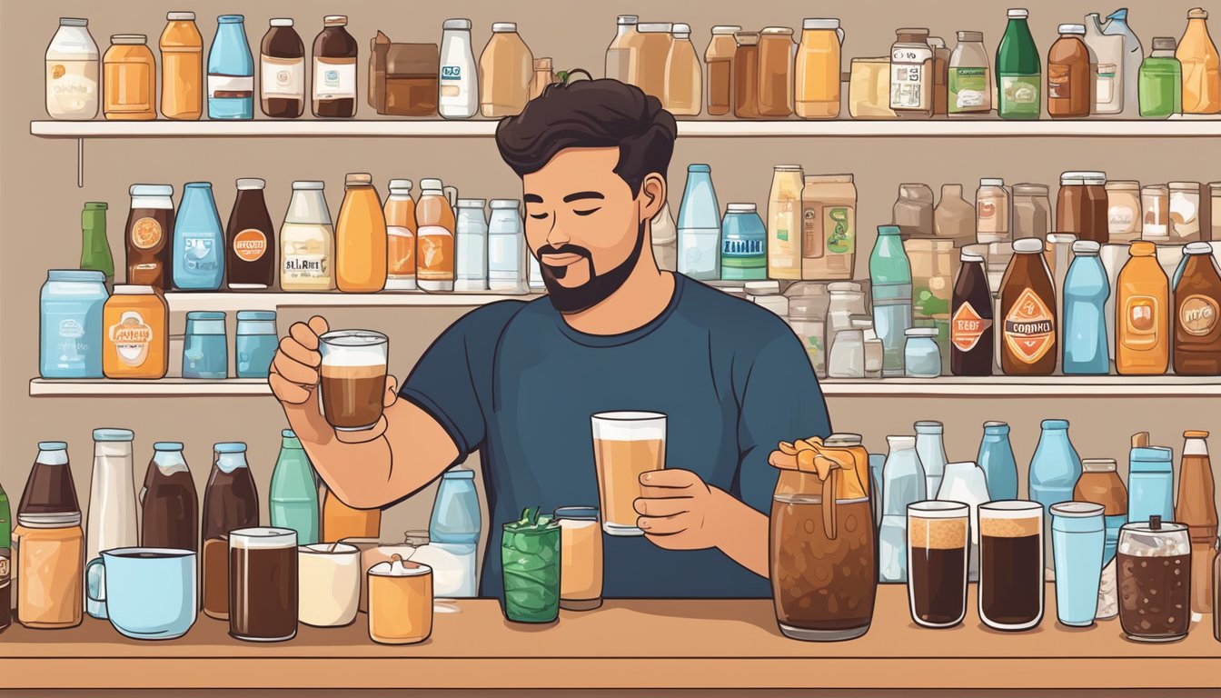 A person with diabetes holding a glass of root beer, surrounded by other non-sugary drink options such as water, herbal tea, and unsweetened almond milk