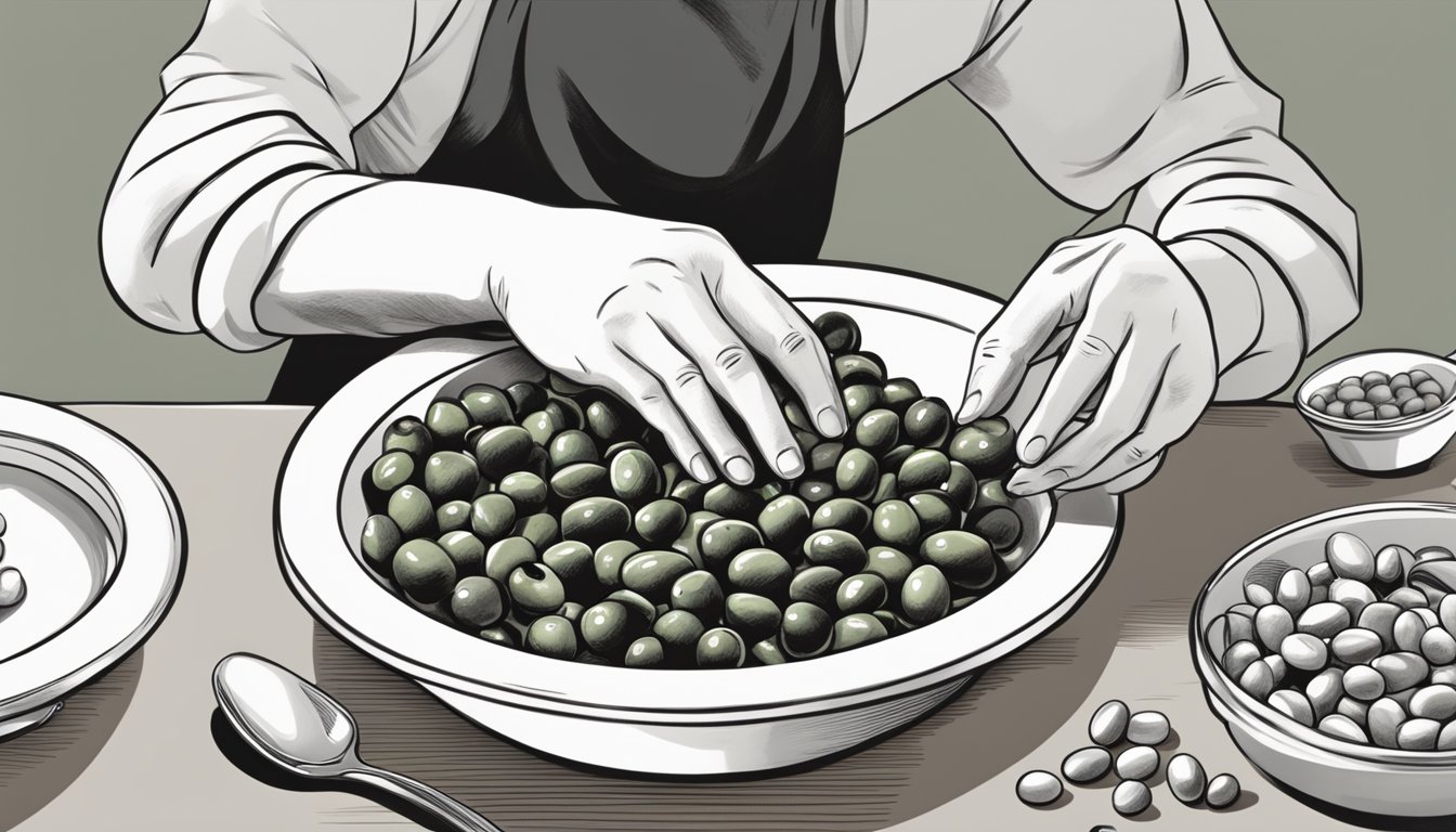 A diabetic person carefully inspecting a bowl of olives before consuming them