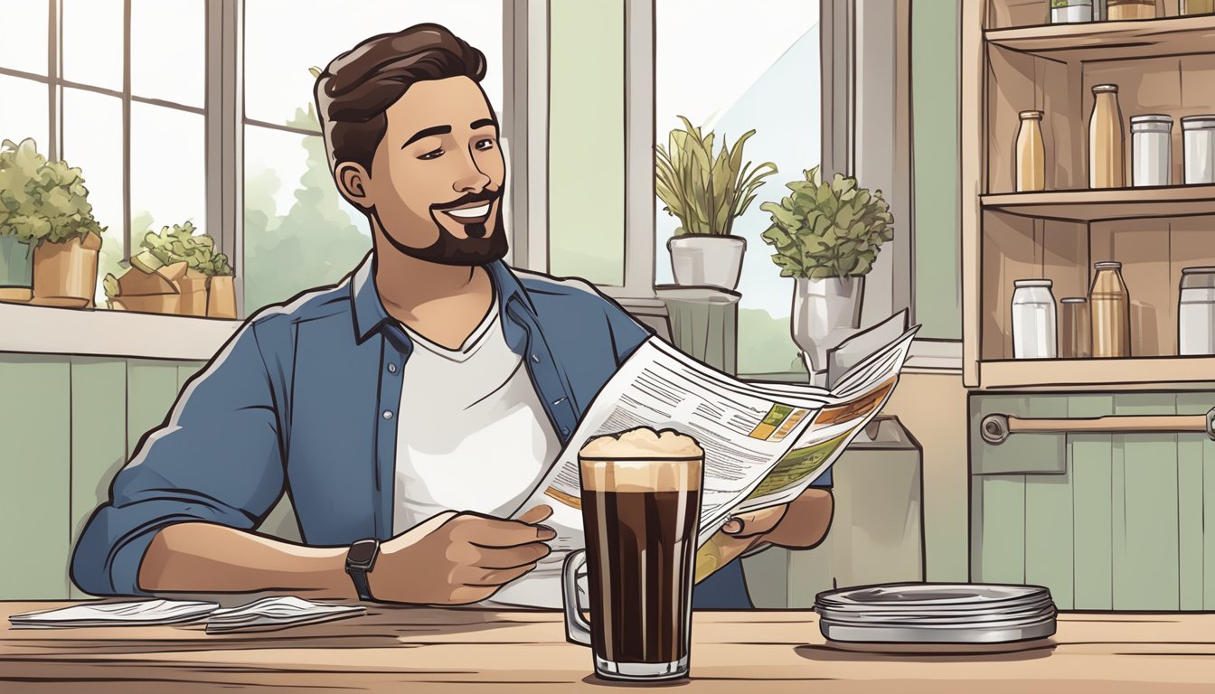 A person with diabetes holding a glass of root beer while reading a brochure on beverage intake