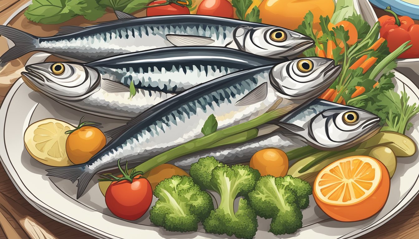 A plate of sardines, surrounded by colorful vegetables and whole grains, with a diabetes-friendly nutrition guide in the background