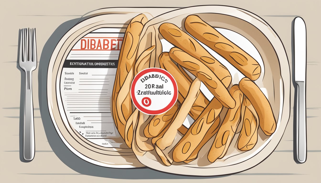 A plate of breadsticks with a nutritional label and a red circle with a line through it, symbolizing restriction for diabetics