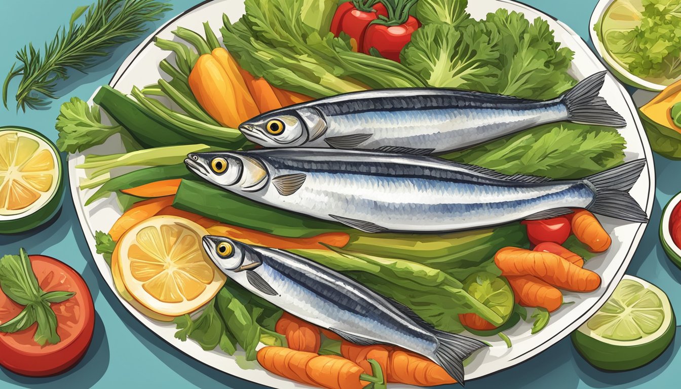 A colorful plate of sardines surrounded by vibrant and fresh vegetables, with a prominent focus on the nutritional benefits of the fish