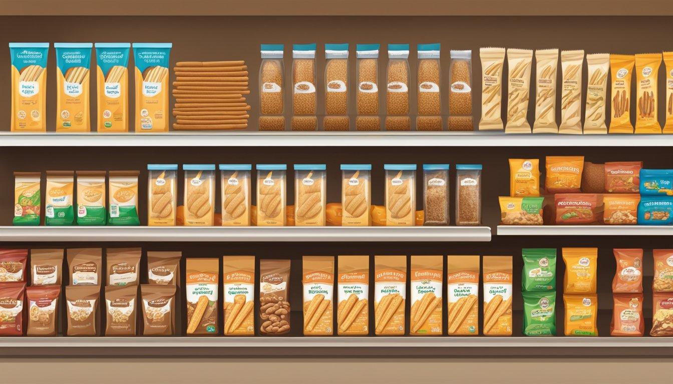 A variety of packaged breadsticks, including whole grain and multigrain options, displayed on a shelf in a grocery store