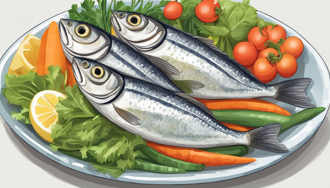 A plate of sardines surrounded by colorful vegetables and a measuring tape to represent portion control for diabetics