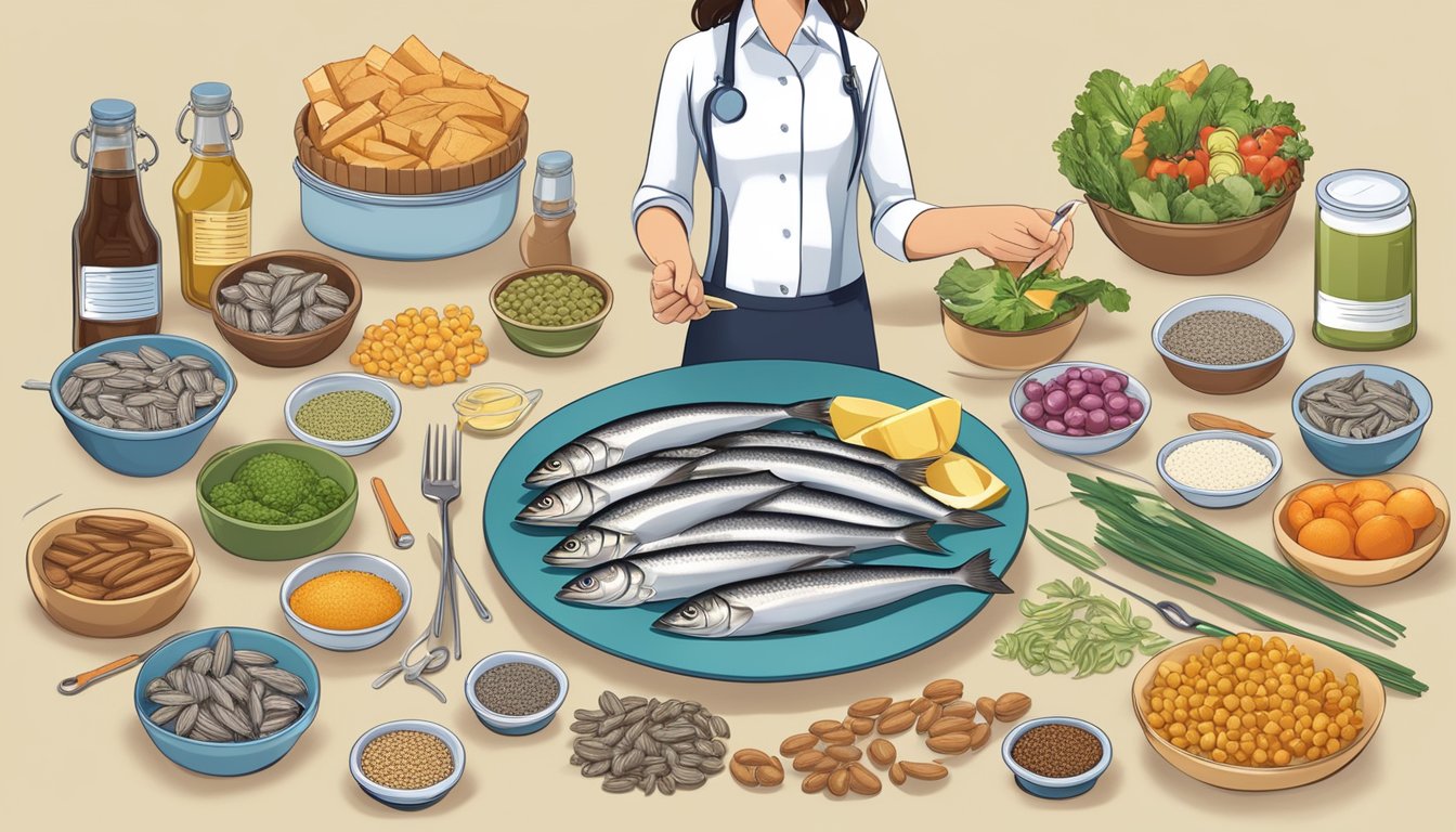 A dietician holding a plate of sardines and a measuring tape, surrounded by various food groups and a diabetes education poster