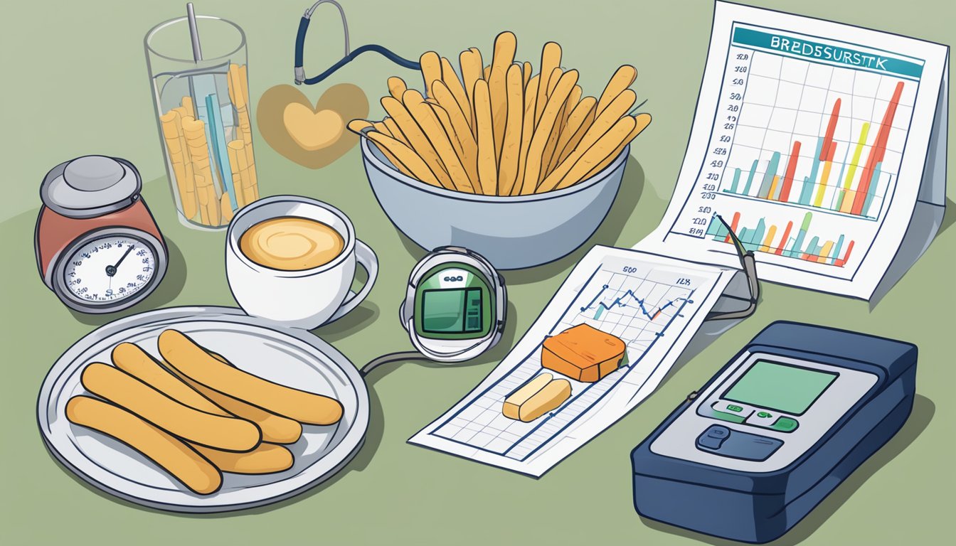 A table with packaged breadsticks, a blood pressure monitor, and a heart health chart