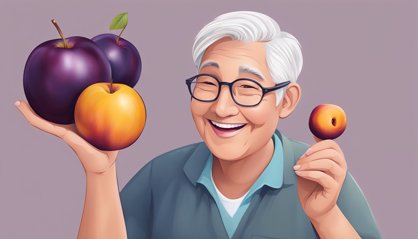 A person with diabetes holding a plum and smiling