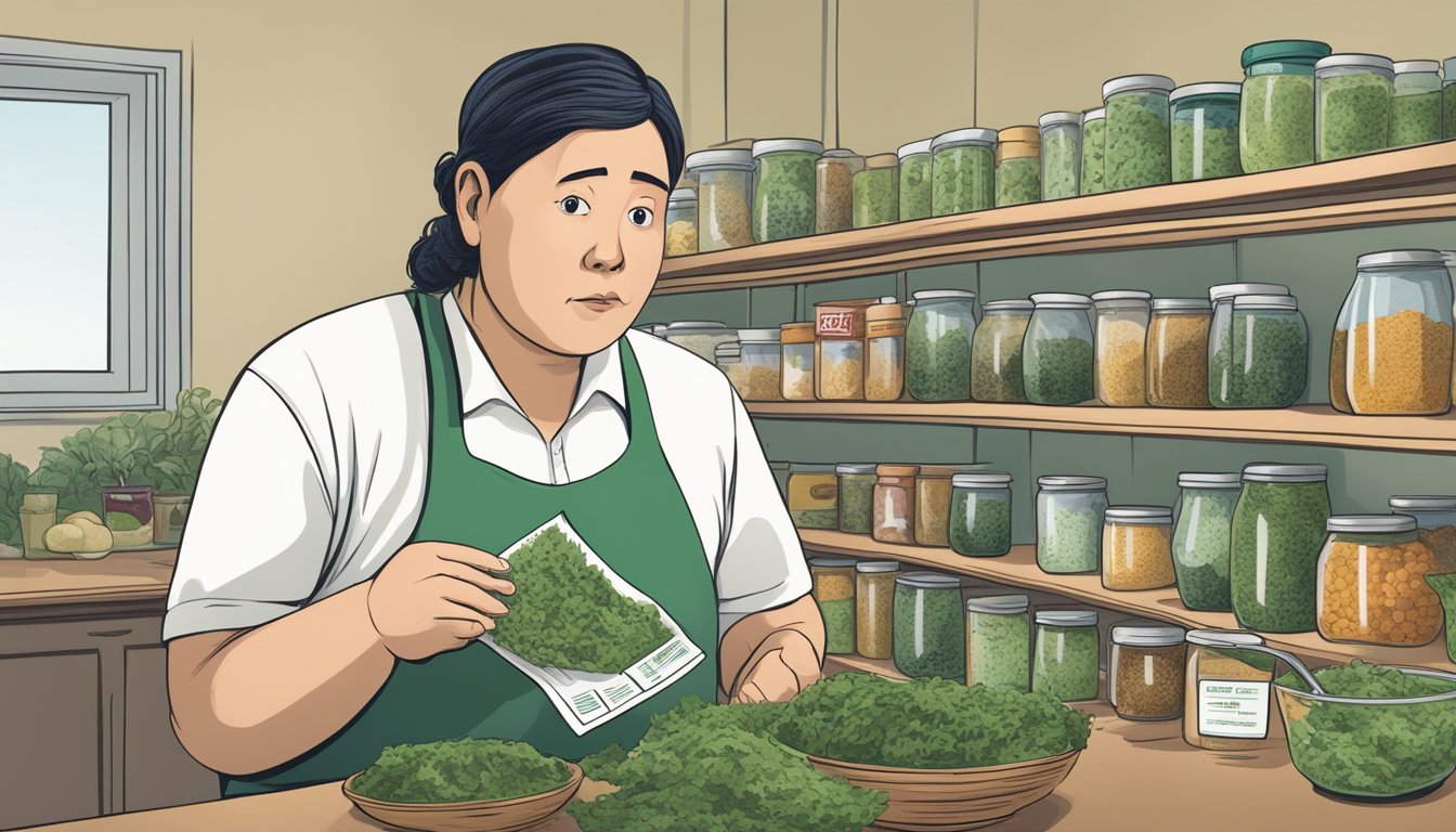 A person with diabetes holding seaweed and a nutrition label, looking puzzled