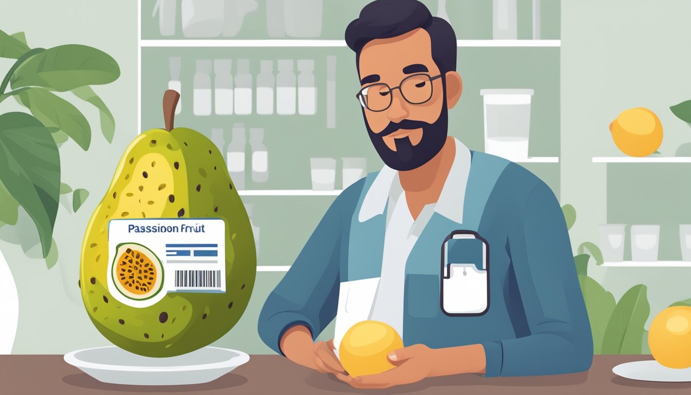 A person with diabetes holding a passion fruit and a nutrition label, considering their dietary needs