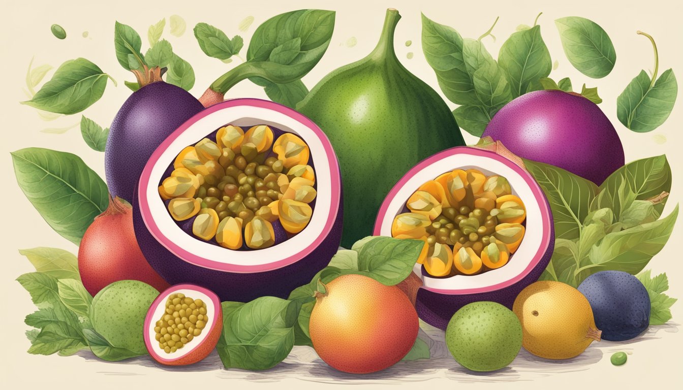 A colorful illustration of a passion fruit surrounded by a variety of fruits and vegetables, with a nutritional label displayed next to it