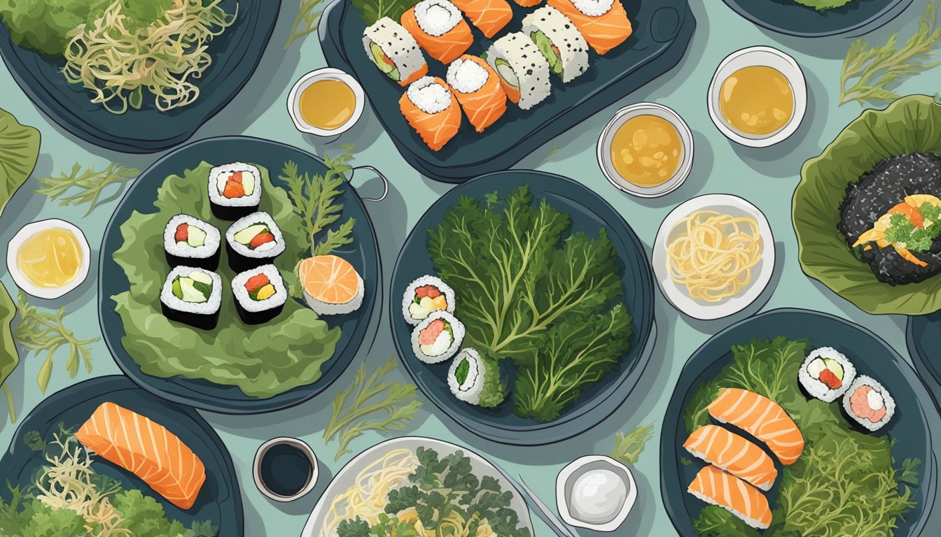 A person with diabetes enjoying a variety of seaweed dishes, including sushi rolls and seaweed salad, surrounded by an assortment of fresh seaweed