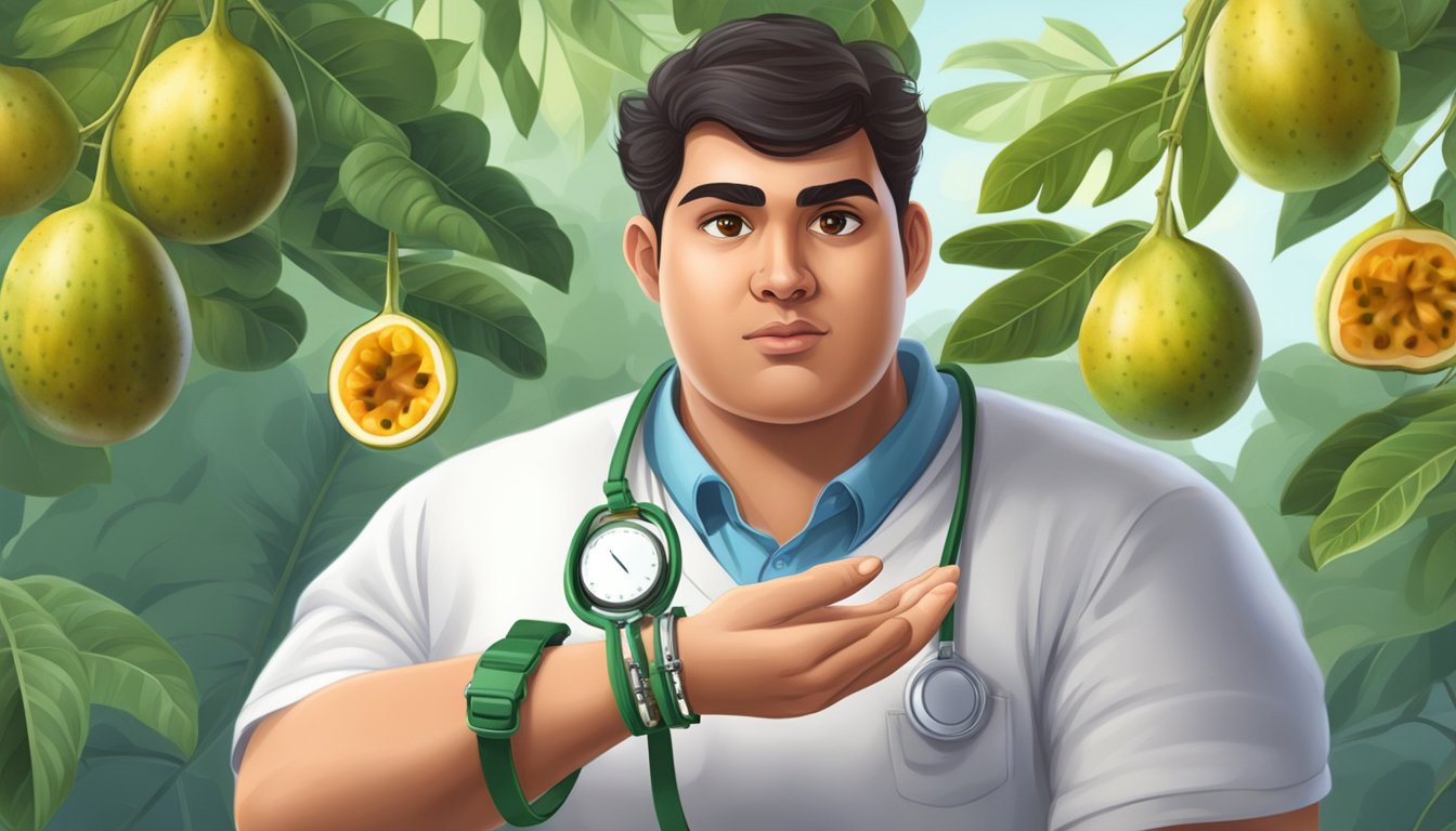 A diabetic person cautiously holding a ripe passion fruit, with a concerned expression and a medical bracelet on their wrist