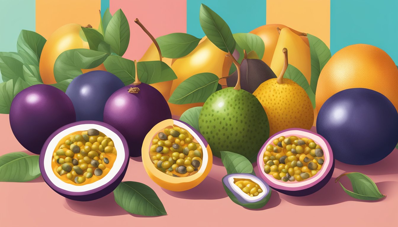 A colorful array of alternative fruits, including passion fruit, arranged on a table with a diabetes awareness ribbon nearby