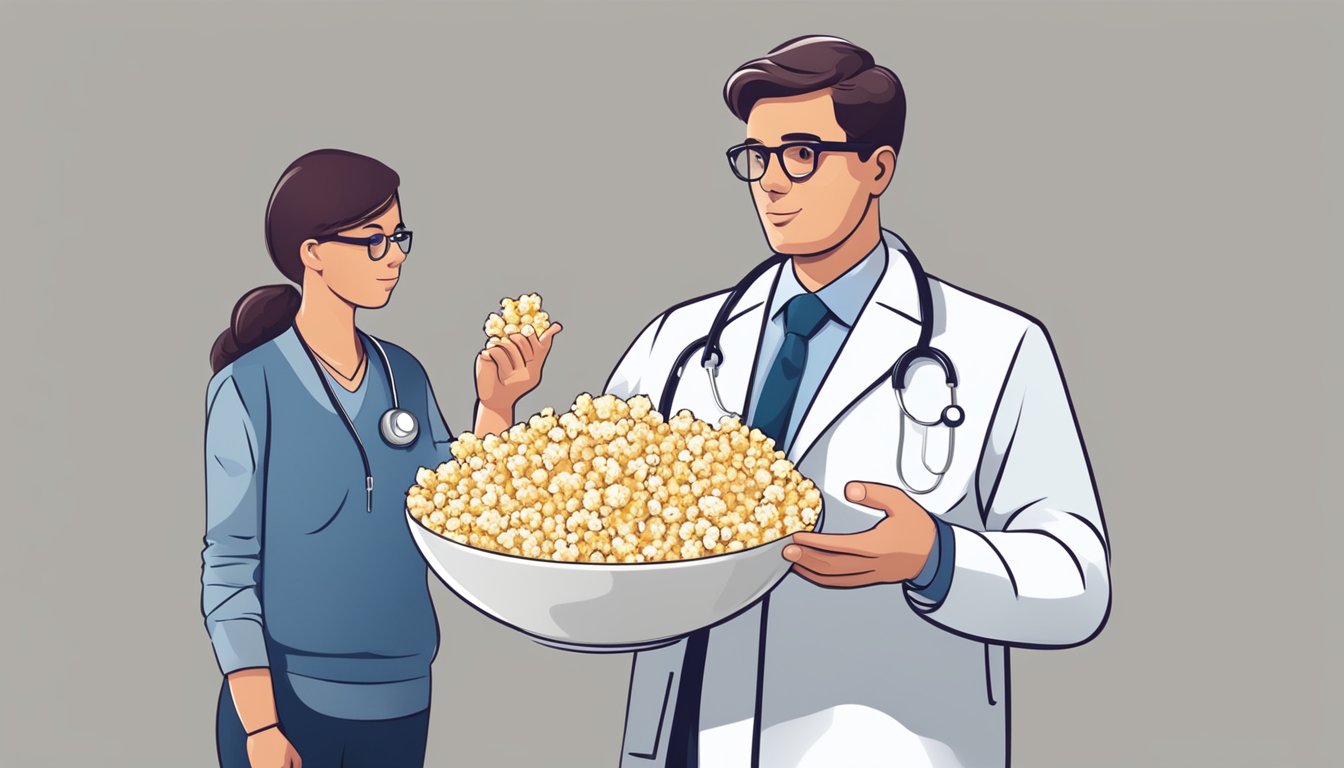 A diabetic person holds a bowl of popcorn, with a doctor pointing to a caution sign next to the snack