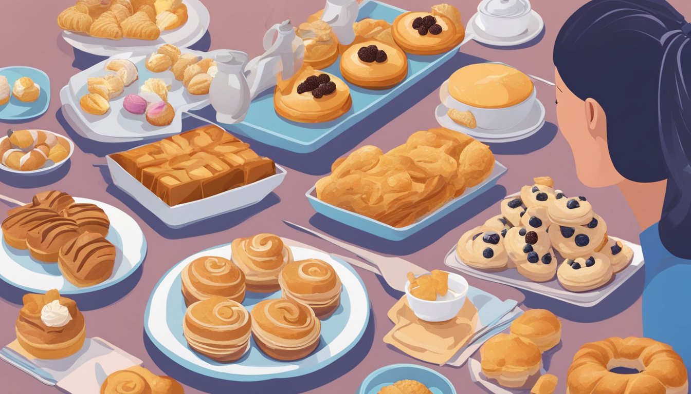 A table with a variety of pastries and a person with diabetes looking at them with a question mark above their head