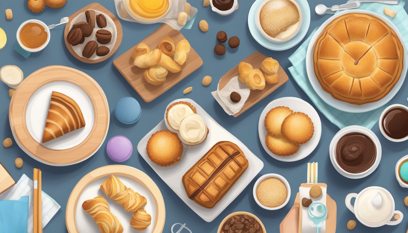 A table with a variety of pastries, including sugar-free and low-carb options, next to a diabetes monitoring kit