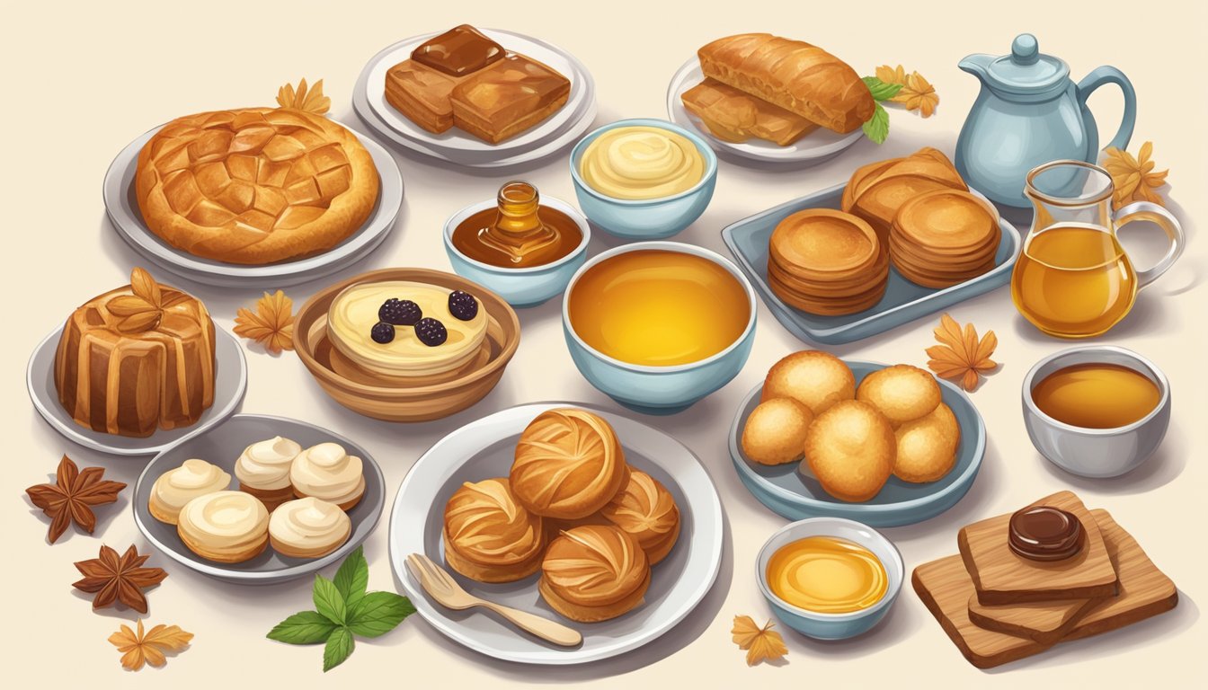 A table set with a variety of pastries, surrounded by bowls of natural sweeteners like honey, maple syrup, and stevia