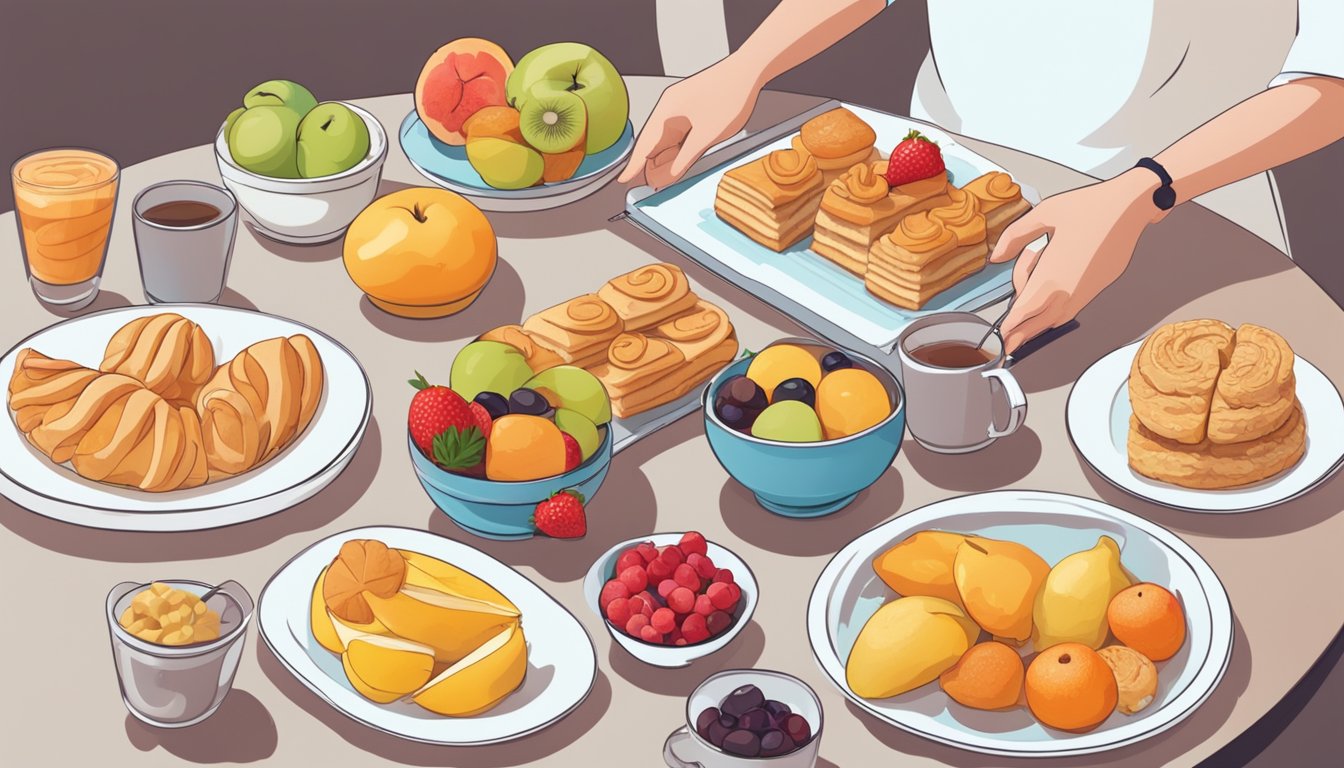 A table with a variety of pastries, fruits, and diabetic-friendly snacks. A person with diabetes is carefully choosing their snack options