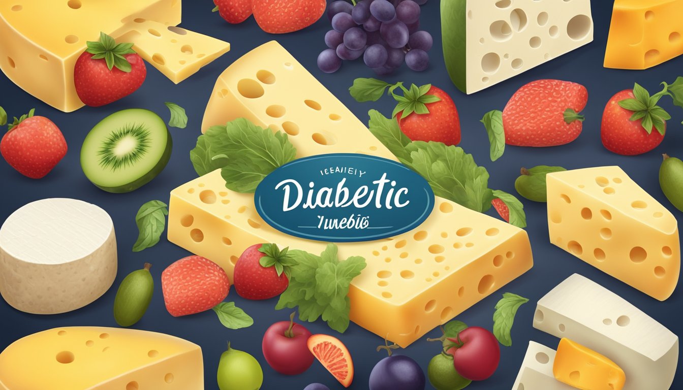 A variety of cheese slices with a diabetic-friendly label, surrounded by colorful fruits and vegetables