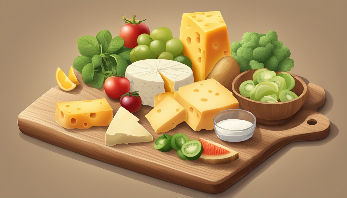 A plate with a variety of cheese slices, accompanied by fresh fruits and vegetables, on a wooden cutting board