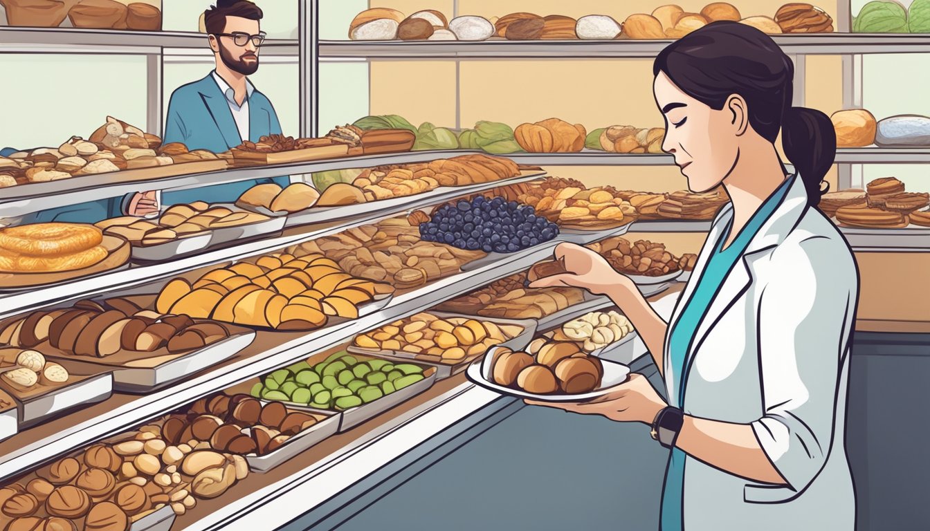 A diabetic person choosing a variety of pastries, fruits, and nuts on a plate, with a dietitian's guidance in the background