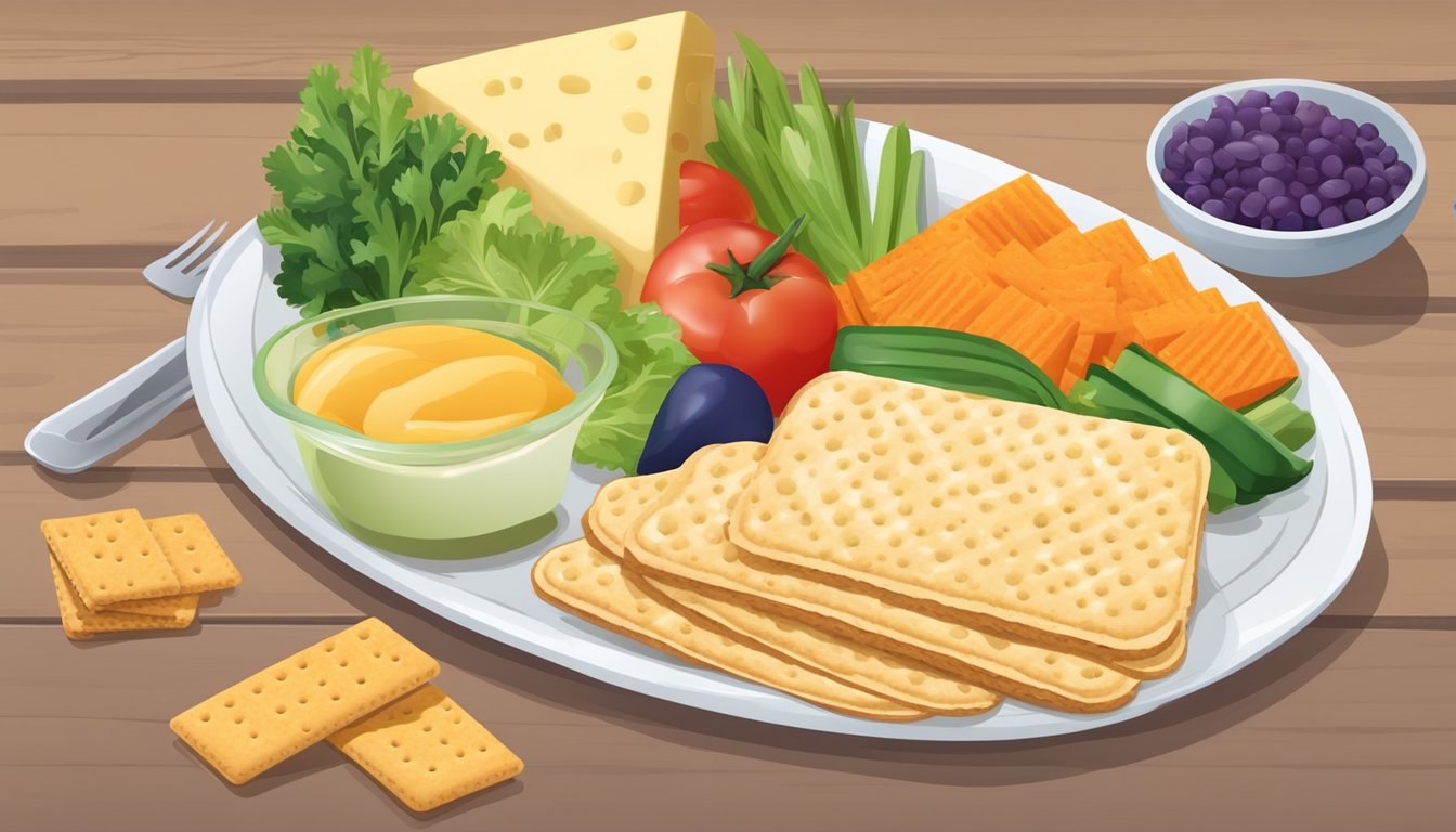 A diabetic-friendly meal with processed cheese slices on a plate, surrounded by colorful vegetables and whole grain crackers