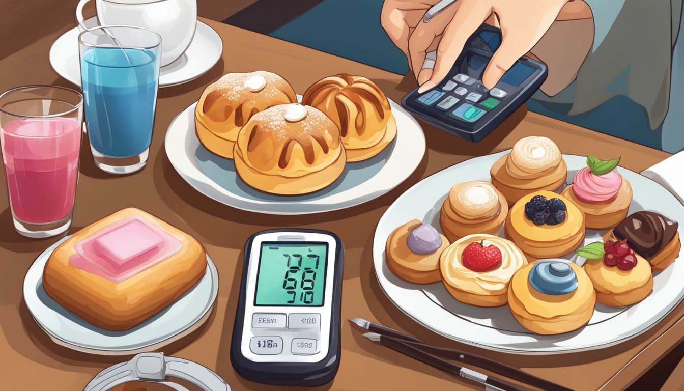 A table with a variety of pastries and a person holding a blood sugar monitoring device