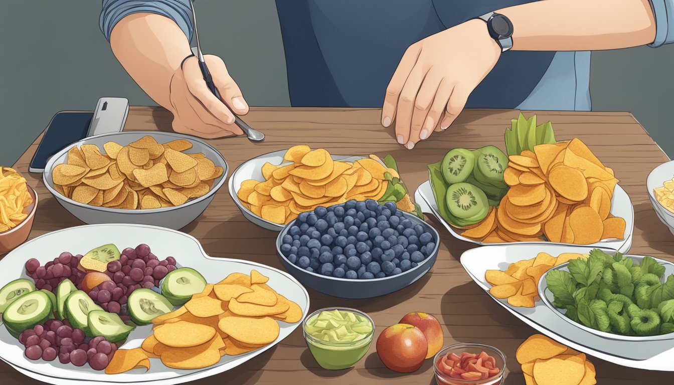 A person with diabetes enjoying a variety of healthy snacks and chips on a table