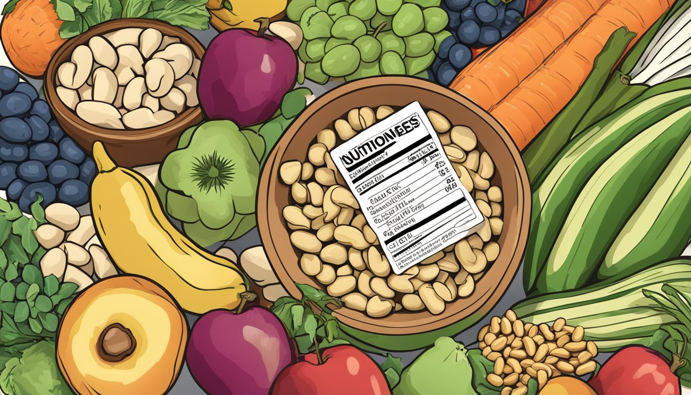 A bowl of peanuts surrounded by a variety of fruits and vegetables, with a nutrition label in the background