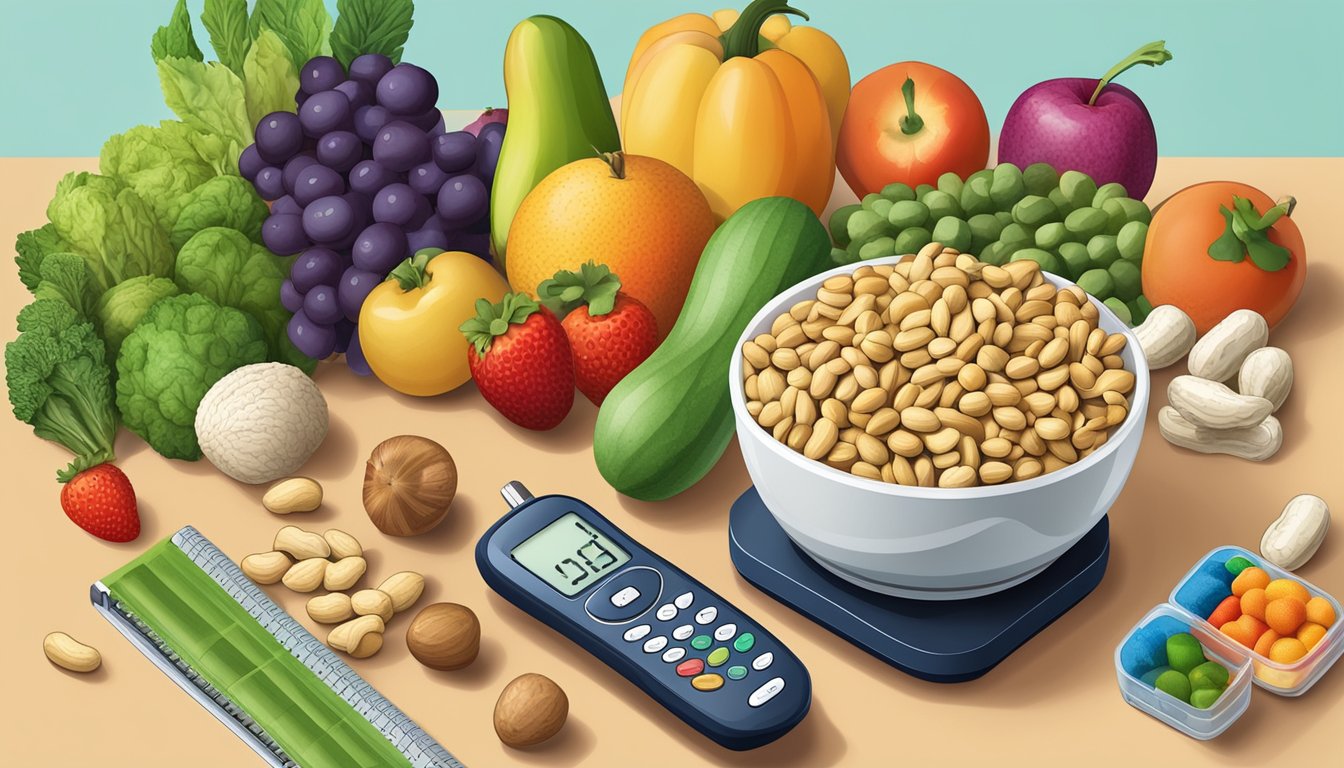 A bowl of peanuts surrounded by a variety of colorful fruits and vegetables, with a blood glucose monitor and insulin pen nearby